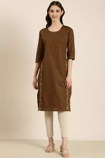 women's calf length round neck coffee brown solid straight kurta