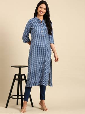 Showoff women's calf length mandarin collar blue geometric straight kurta 5