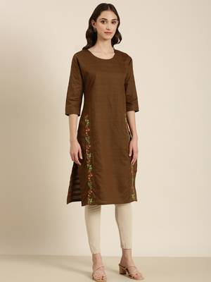 women's calf length round neck coffee brown solid straight kurta 1