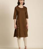 women's calf length round neck coffee brown solid straight kurta