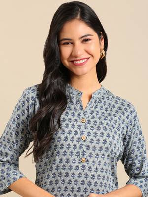women's calf length mandarin collar sea green floral straight kurta 1