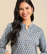 women's calf length mandarin collar sea green floral straight kurta