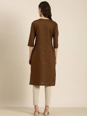 women's calf length round neck coffee brown solid straight kurta 5