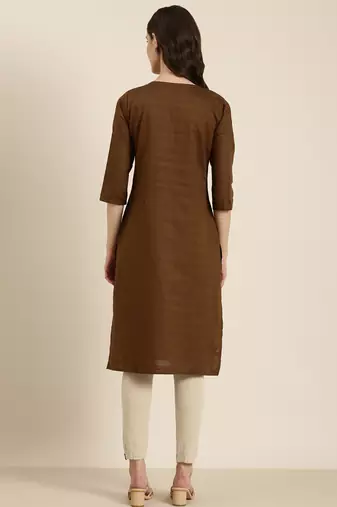 women's calf length round neck coffee brown solid straight kurta