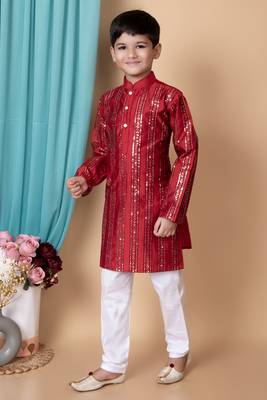 Nfc creation embroidery & sequins work dupion silk kurta and cotton pajama set for boys 3