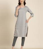 women's calf length round neck grey solid straight kurta