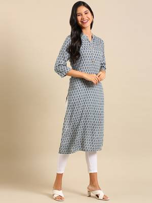 women's calf length mandarin collar sea green floral straight kurta 3