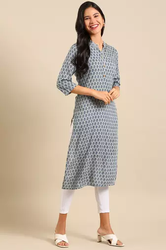 women's calf length mandarin collar sea green floral straight kurta