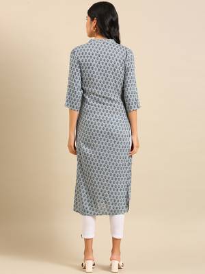 women's calf length mandarin collar sea green floral straight kurta 4