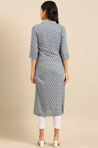 women's calf length mandarin collar sea green floral straight kurta