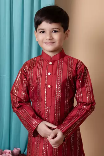 Nfc creation embroidery & sequins work dupion silk kurta and cotton pajama set for boys
