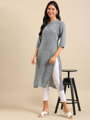 women's calf length mandarin collar sea green floral straight kurta 5