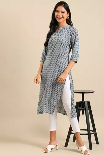 women's calf length mandarin collar sea green floral straight kurta