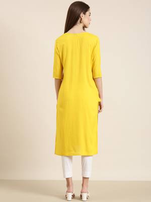 women's knee length round neck yellow solid straight kurta 5