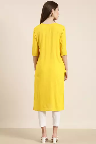 women's knee length round neck yellow solid straight kurta