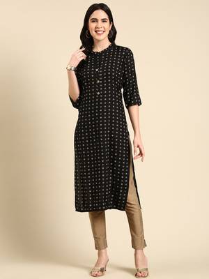 women's calf length mandarin collar black ethnic motifs straight kurta 1