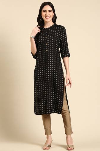 women's calf length mandarin collar black ethnic motifs straight kurta