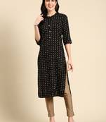 women's calf length mandarin collar black ethnic motifs straight kurta