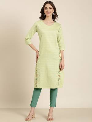 women's calf length round neck lime green solid straight kurta 1