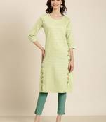 women's calf length round neck lime green solid straight kurta