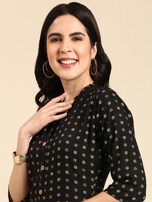 women's calf length mandarin collar black ethnic motifs straight kurta 2