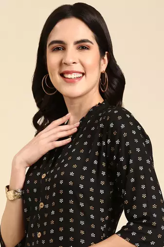 women's calf length mandarin collar black ethnic motifs straight kurta