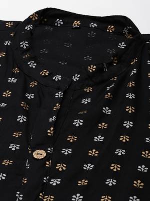 women's calf length mandarin collar black ethnic motifs straight kurta 3