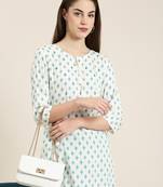 women's calf length tie-up neck off white floral straight kurta