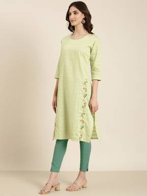 women's calf length round neck lime green solid straight kurta 4