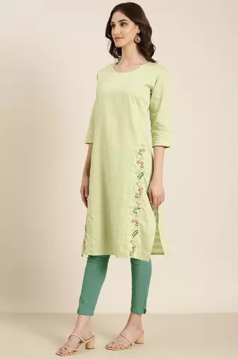 women's calf length round neck lime green solid straight kurta