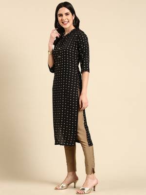 women's calf length mandarin collar black ethnic motifs straight kurta 4