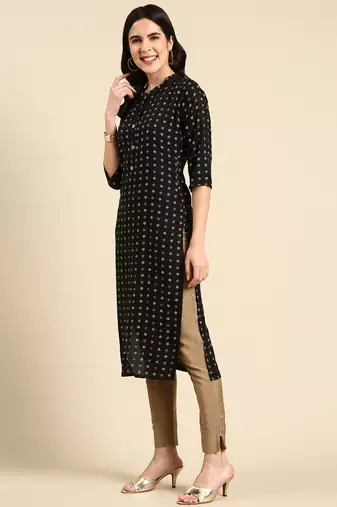 women's calf length mandarin collar black ethnic motifs straight kurta