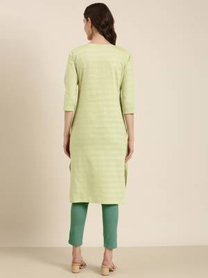 women's calf length round neck lime green solid straight kurta 5