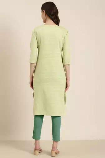 women's calf length round neck lime green solid straight kurta