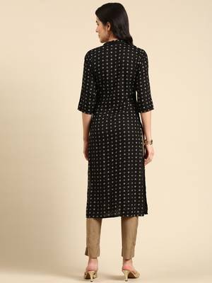 women's calf length mandarin collar black ethnic motifs straight kurta 5
