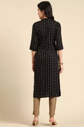 women's calf length mandarin collar black ethnic motifs straight kurta