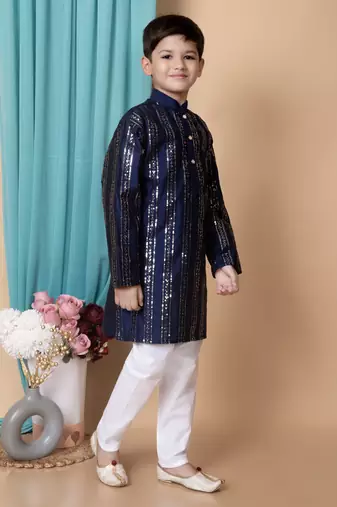 Nfc creation embroidery & sequins work dupion silk kurta and cotton pajama set for boys
