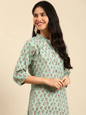 Showoff women's calf length mandarin collar sea green floral straight kurta 1