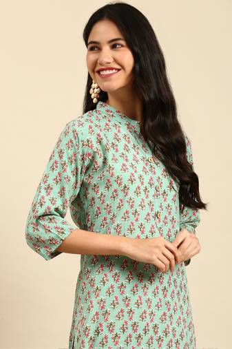 Showoff women's calf length mandarin collar sea green floral straight kurta