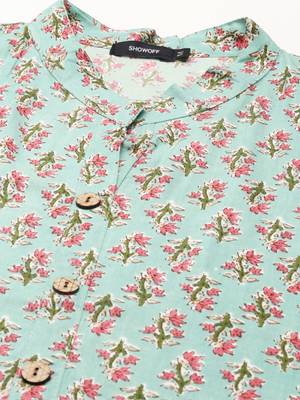Showoff women's calf length mandarin collar sea green floral straight kurta 2