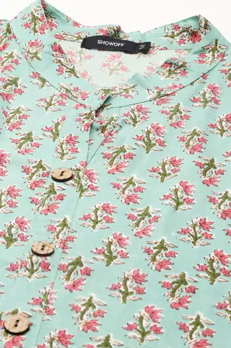 Showoff women's calf length mandarin collar sea green floral straight kurta