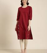 women's calf length round neck maroon solid straight kurta