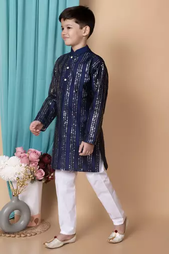 Nfc creation embroidery & sequins work dupion silk kurta and cotton pajama set for boys