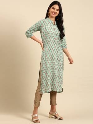 Showoff women's calf length mandarin collar sea green floral straight kurta 3