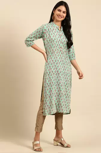 Showoff women's calf length mandarin collar sea green floral straight kurta