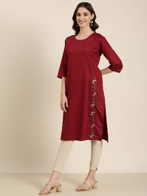 women's calf length round neck maroon solid straight kurta 4