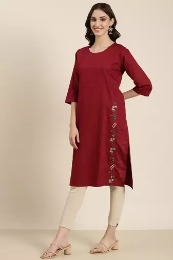women's calf length round neck maroon solid straight kurta