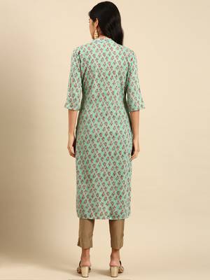 Showoff women's calf length mandarin collar sea green floral straight kurta 4