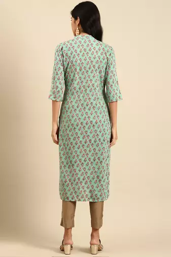 Showoff women's calf length mandarin collar sea green floral straight kurta