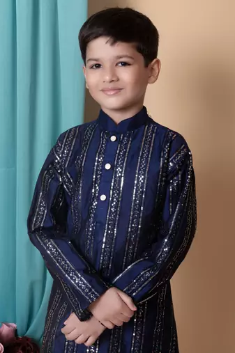 Nfc creation embroidery & sequins work dupion silk kurta and cotton pajama set for boys